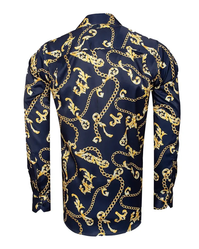 Dark Blue Baroque Chain & Paisley Print Men`s Shirt-Makrom