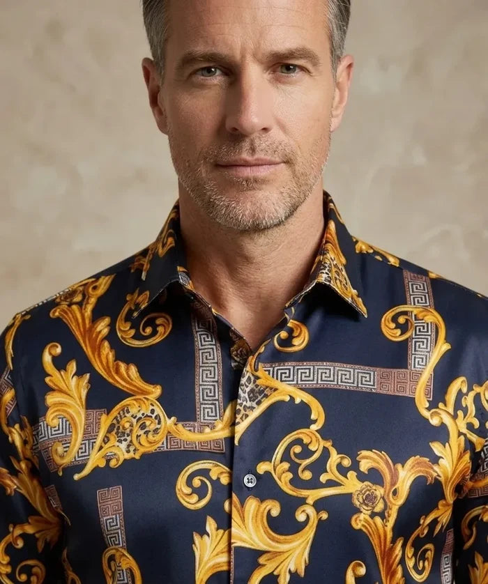 Dark Blue Baroque Paisley Print Men`s Shirt