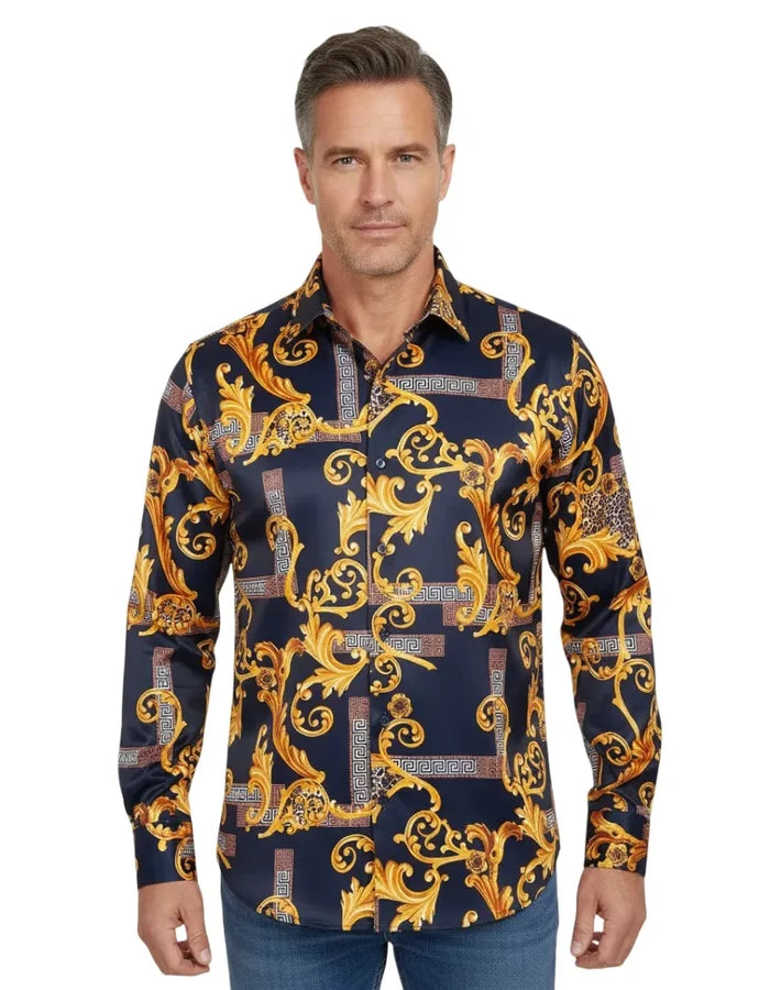 Dark Blue Baroque Paisley Print Men`s Shirt-Makrom