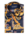 Dark Blue Baroque Paisley Print Men`s Shirt-Makrom