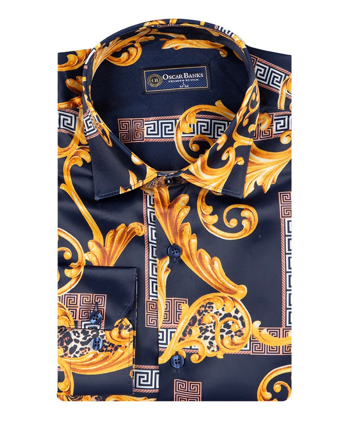 Dark Blue Baroque Paisley Print Men`s Shirt-Makrom