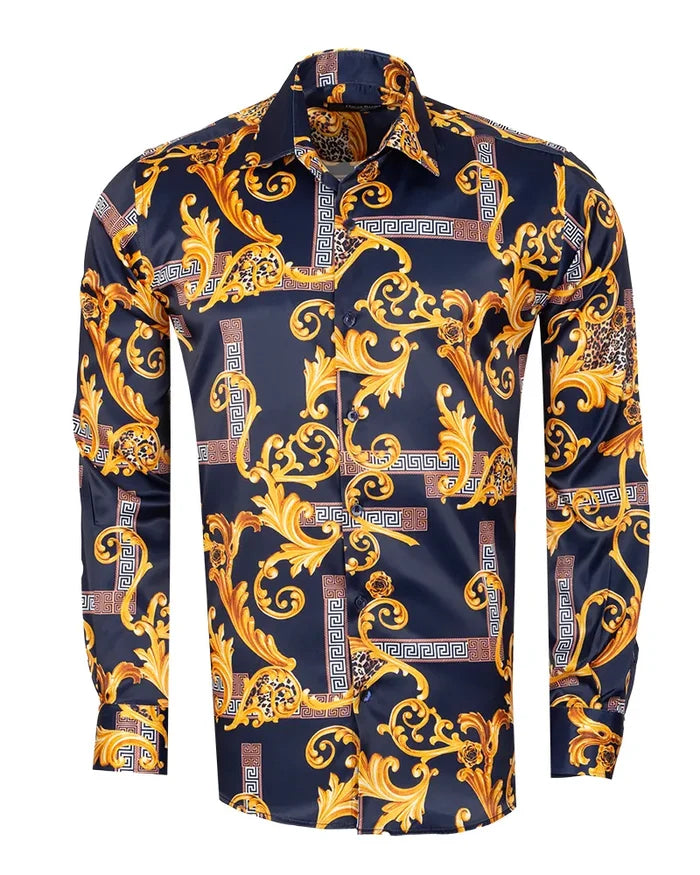 Dark Blue Baroque Paisley Print Men`s Shirt-Makrom