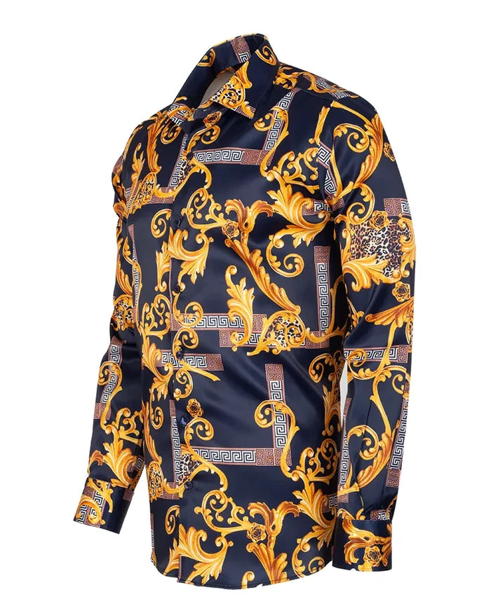 Dark Blue Baroque Paisley Print Men`s Shirt-Makrom