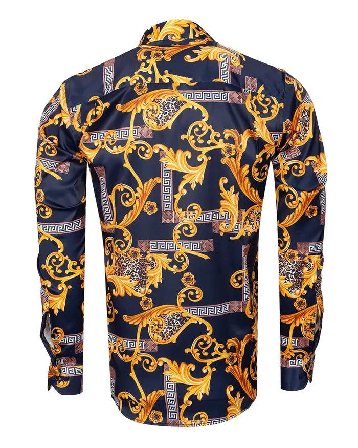 Dark Blue Baroque Paisley Print Men`s Shirt-Makrom