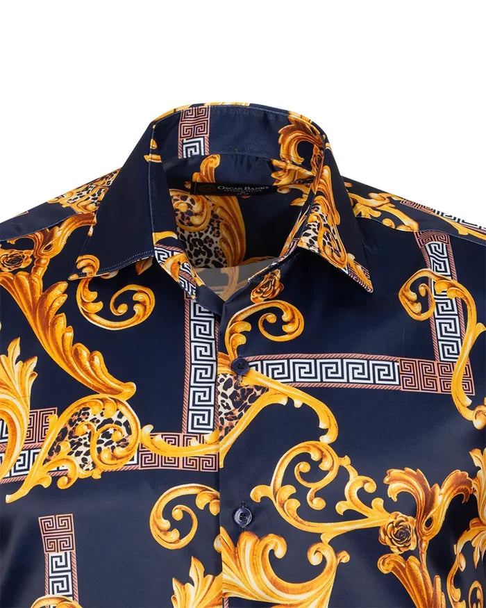 Dark Blue Baroque Paisley Print Men`s Shirt-Makrom