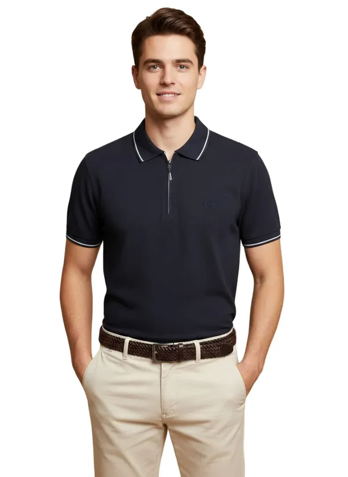 Dark Blue Classic Polo T-Shirt With Contrast Collar-Makrom