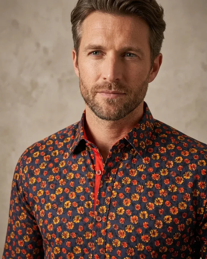 Dark Blue Daisy Print Shirt with Matching Handkerchief