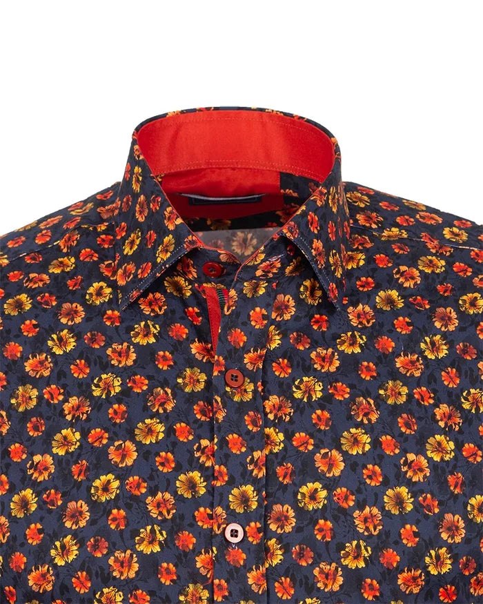 Dark Blue Daisy Print Shirt with Matching Handkerchief