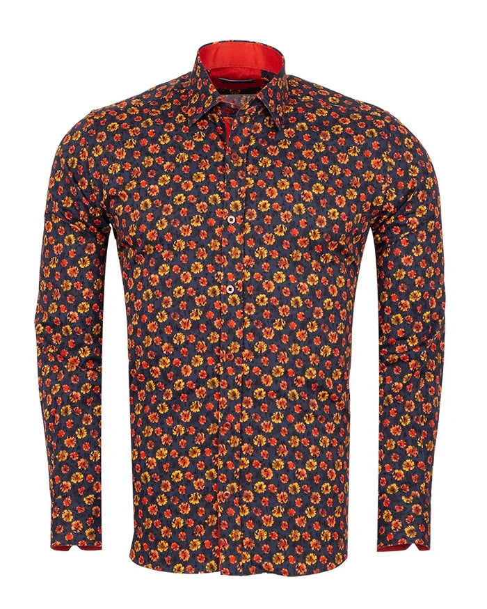Dark Blue Daisy Print Shirt with Matching Handkerchief