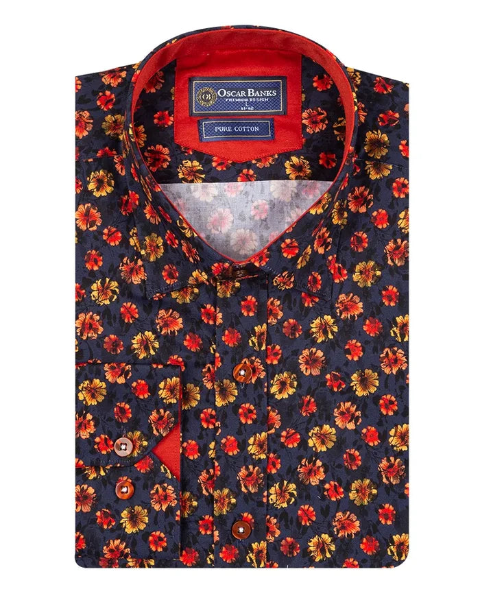 Dark Blue Daisy Print Shirt with Matching Handkerchief