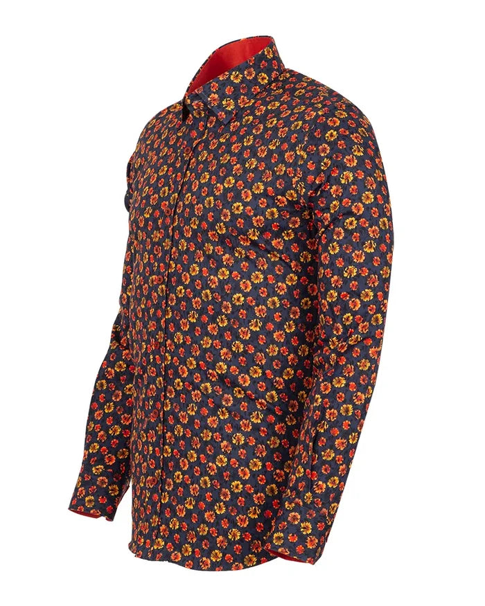 Dark Blue Daisy Print Shirt with Matching Handkerchief
