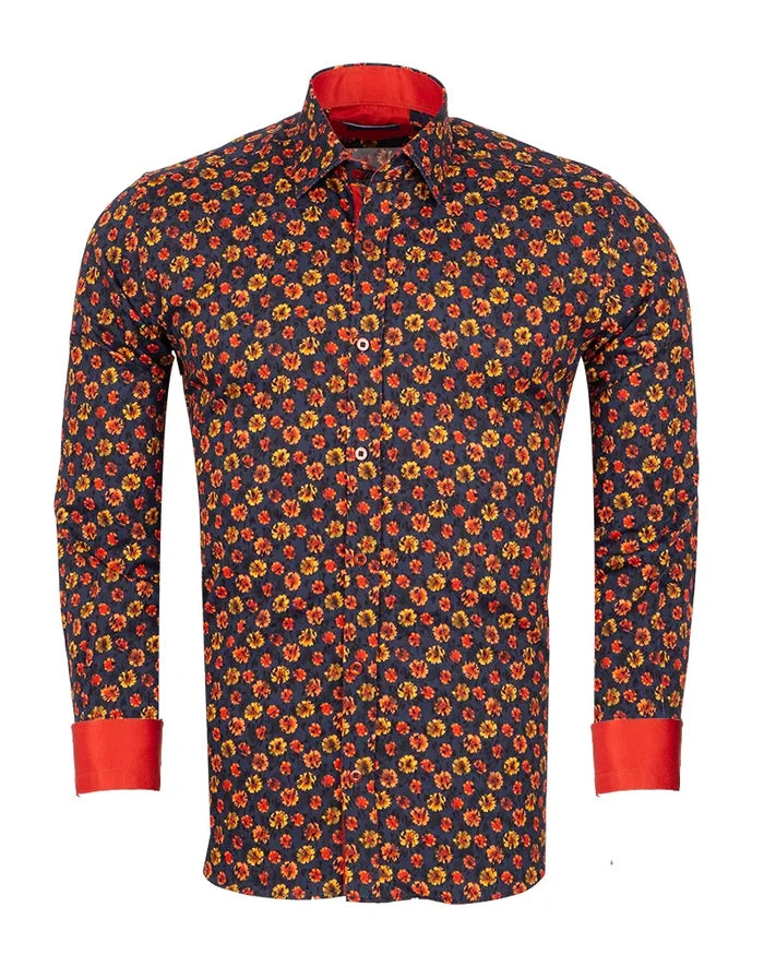 Dark Blue Daisy Print Shirt with Matching Handkerchief