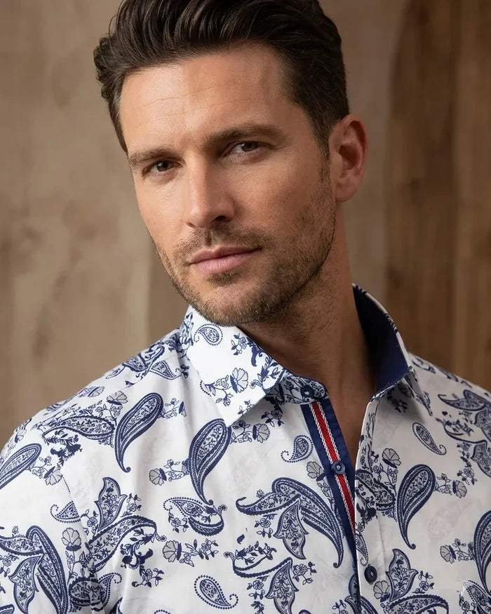 Dark Blue Paisley Print Long Sleeve Shirt