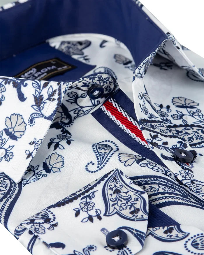 Dark Blue Paisley Print Long Sleeve Shirt-Makrom