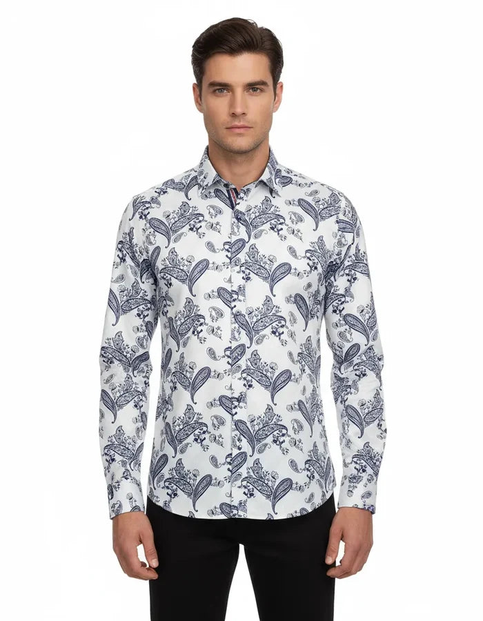 Dark Blue Paisley Print Long Sleeve Shirt-Makrom
