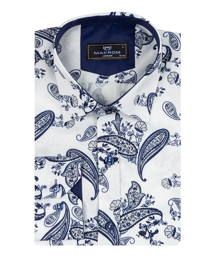 Dark Blue Paisley Print Long Sleeve Shirt-Makrom
