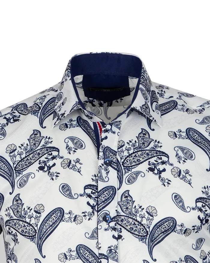 Dark Blue Paisley Print Long Sleeve Shirt-Makrom