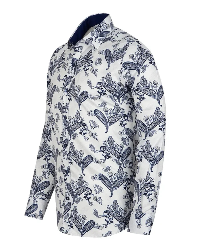 Dark Blue Paisley Print Long Sleeve Shirt-Makrom