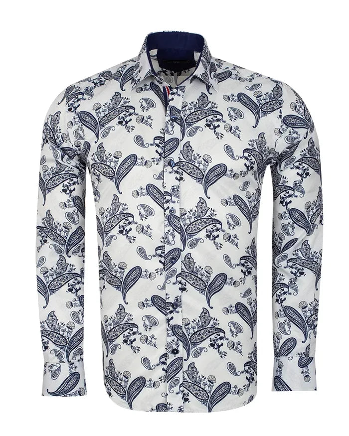 Dark Blue Paisley Print Long Sleeve Shirt-Makrom