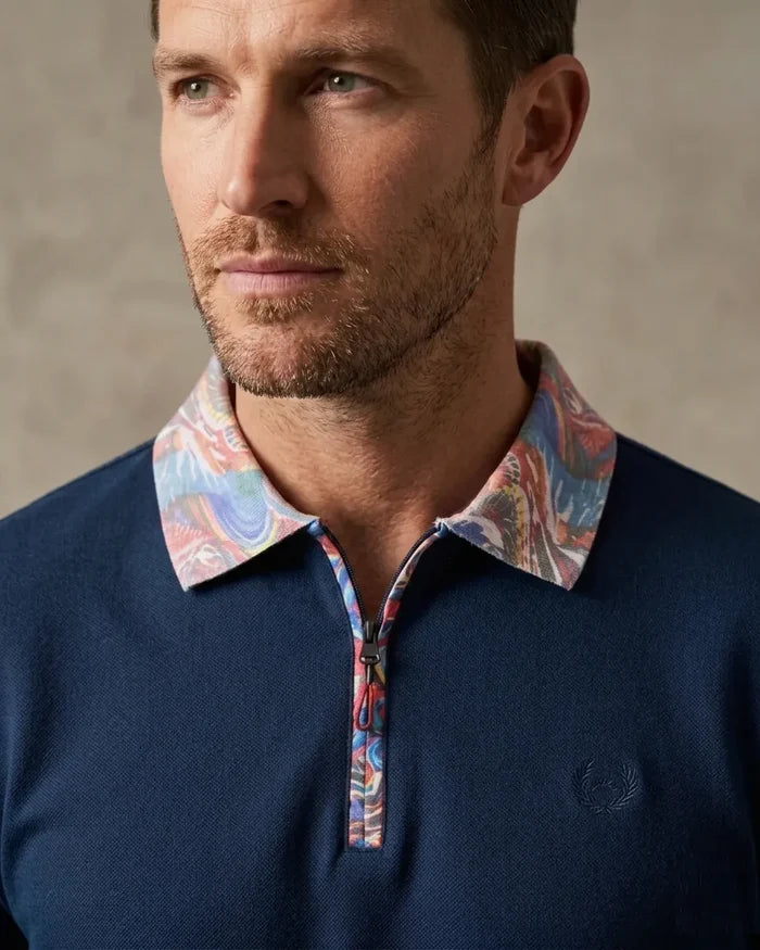 Dark Blue Polo T-Shirt With Paisley Collar