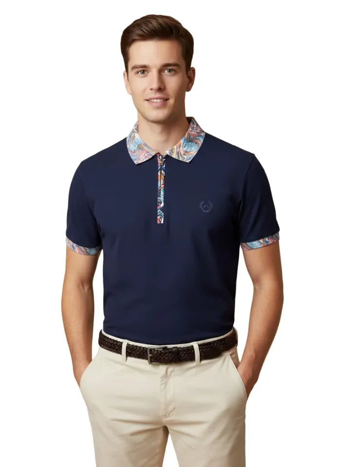 Dark Blue Polo T-Shirt With Paisley Collar-Makrom