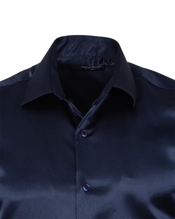 Dark Blue Shiny Plain Satin Classic Men’s Shirt-Makrom