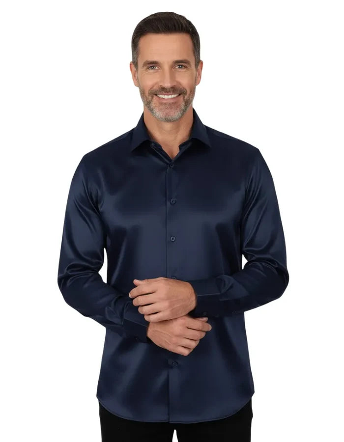 Dark Blue Shiny Plain Satin Classic Men’s Shirt-Makrom