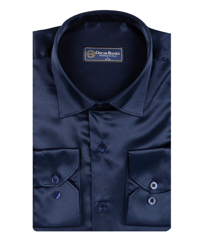 Dark Blue Shiny Plain Satin Classic Men’s Shirt-Makrom