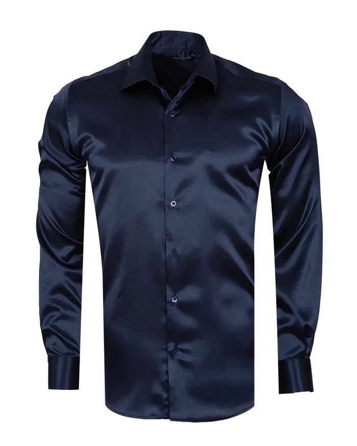 Dark Blue Shiny Plain Satin Classic Men’s Shirt-Makrom