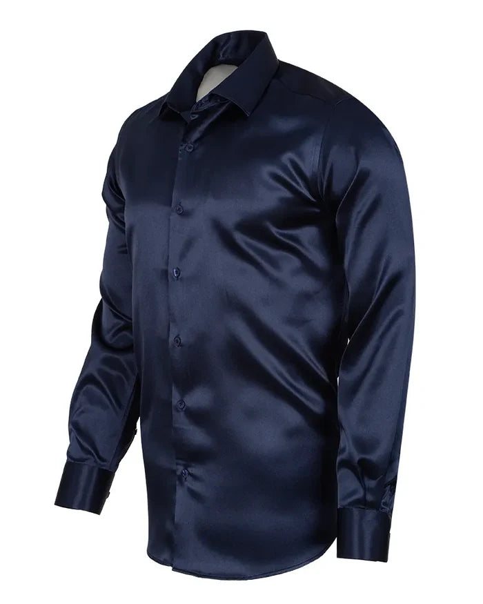 Dark Blue Shiny Plain Satin Classic Men’s Shirt-Makrom