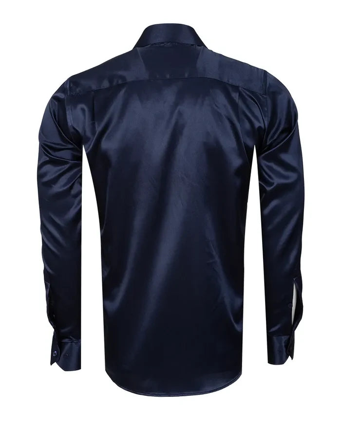 Dark Blue Shiny Plain Satin Classic Men’s Shirt-Makrom