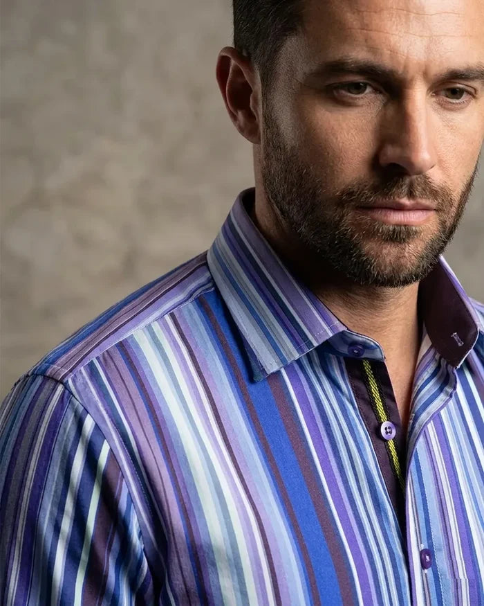 Dark Blue Stripe Print Shirt with Matching Handkerchief-Makrom