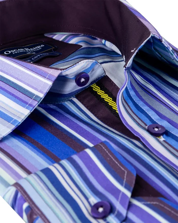Dark Blue Stripe Print Shirt with Matching Handkerchief-Makrom