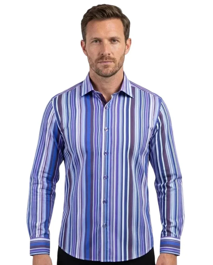 Dark Blue Stripe Print Shirt with Matching Handkerchief-Makrom