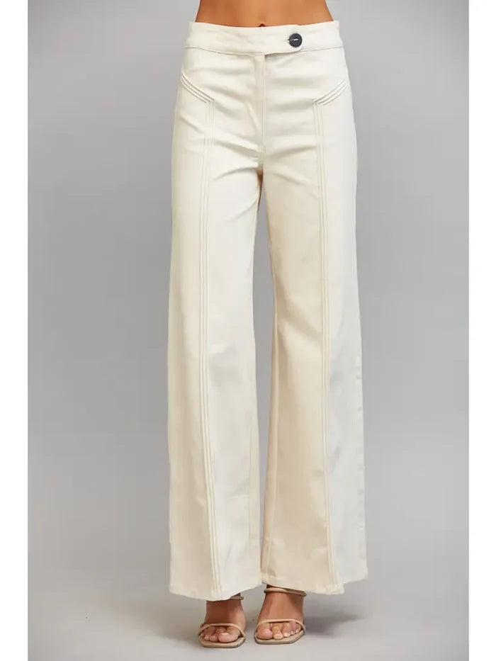 Decorative Vertical Seam Detail Cream High Waisted Flare Pants