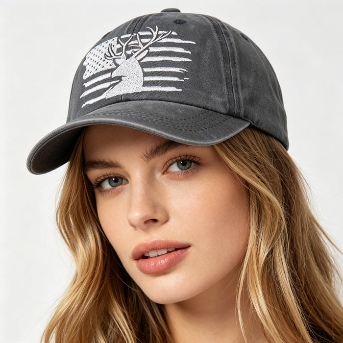 Deer hat with American flag design shown as a cotton cap with adjustable fit and one-size format for casual everyday styling.