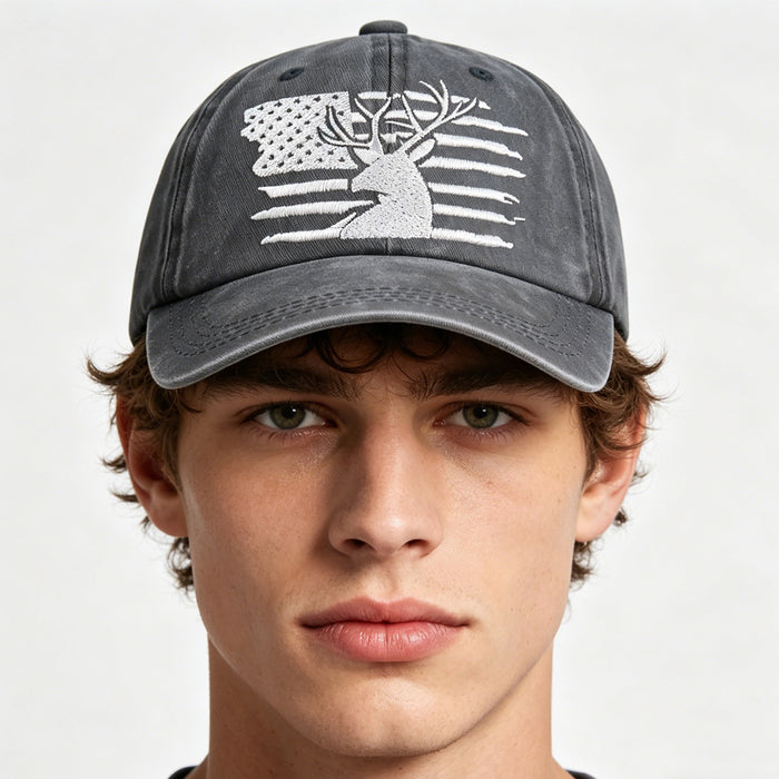 Deer hat product views with American flag design, cotton fabric and adjustable fit for casual unisex everyday outfit styling.