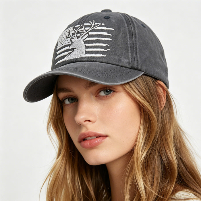 American flag deer hat shown at side angle with cotton fabric and adjustable one-size fit for casual everyday outfit styling.