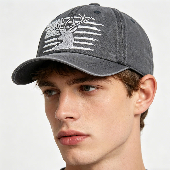 Deer hat with American flag motif shown as casual headwear with cotton fabric, adjustable fit and a one-size format for wear.