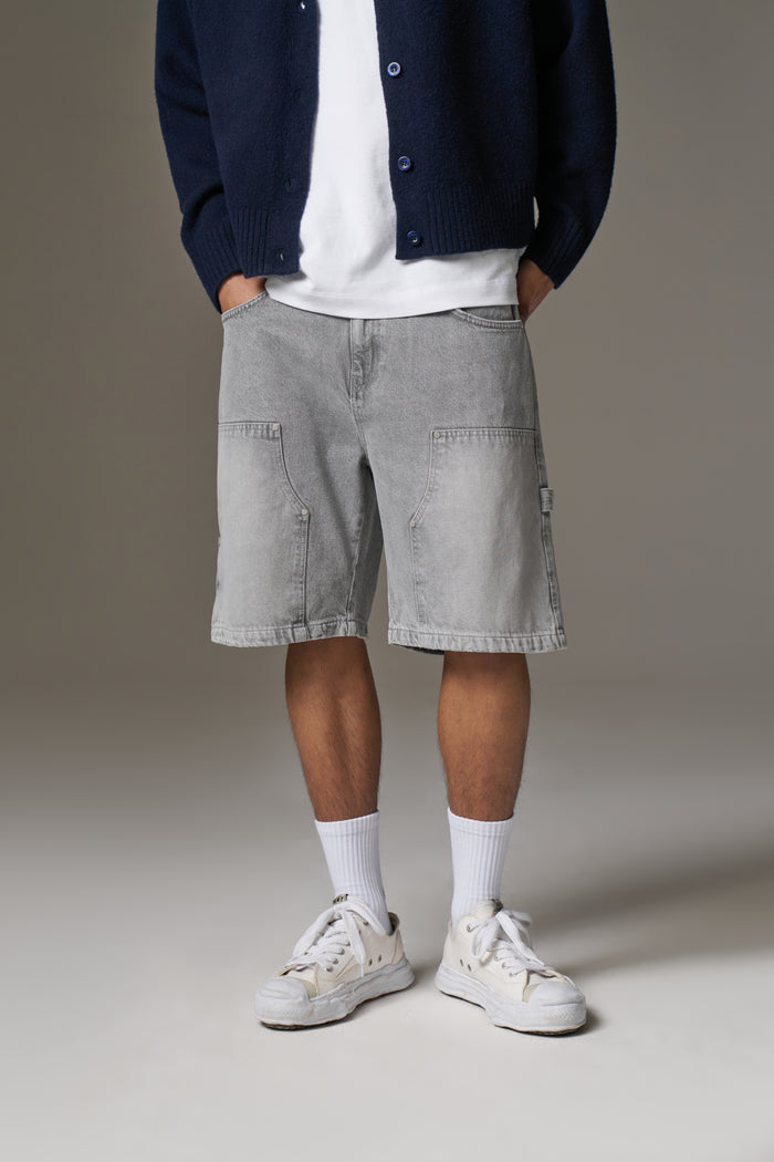 DENIM CARPENTER SHORTS - GREY WASH