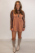 rust brown denim tie chest romper