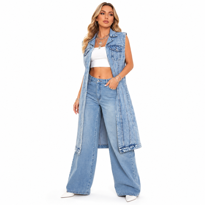 Denim Midi Dress for Women - Cotton Patchwork Style Fit