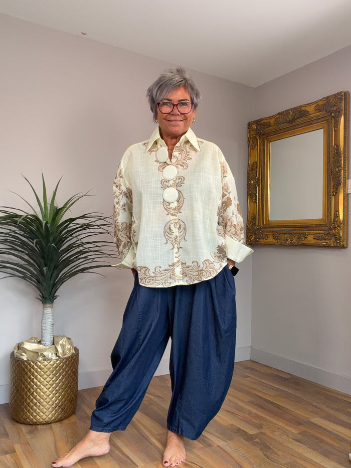 Denim Pleated Cocoon Jean Pants