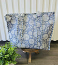 blue floral quilted tote bag on stool