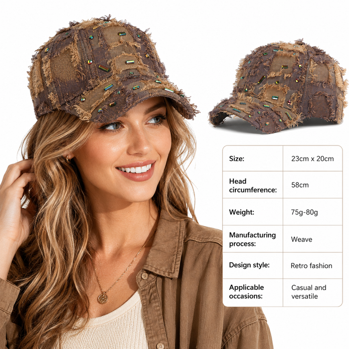 Vintage distressed baseball cap with decorative fringe, shiny diamond accents and a retro streetwear look for casual outfits.