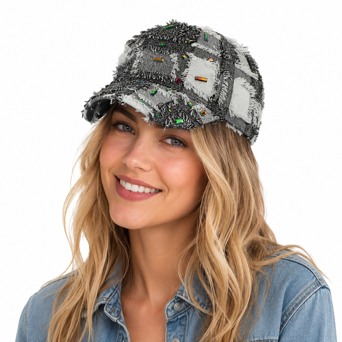 Distressed baseball cap weighing 75 to 80 g, showing retro fringe, shiny diamond accents and versatile casual fashion appeal.