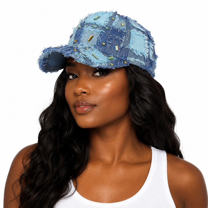 Statement distressed baseball cap with woven finish, fringed edge and shiny diamond accents for retro hip-hop outfit styling.