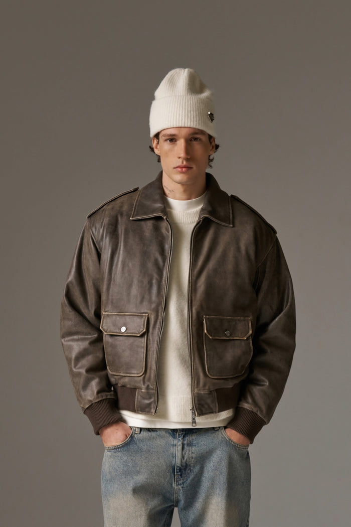 DISTRESSED LEATHER BOMBER JACKET - BROWN
