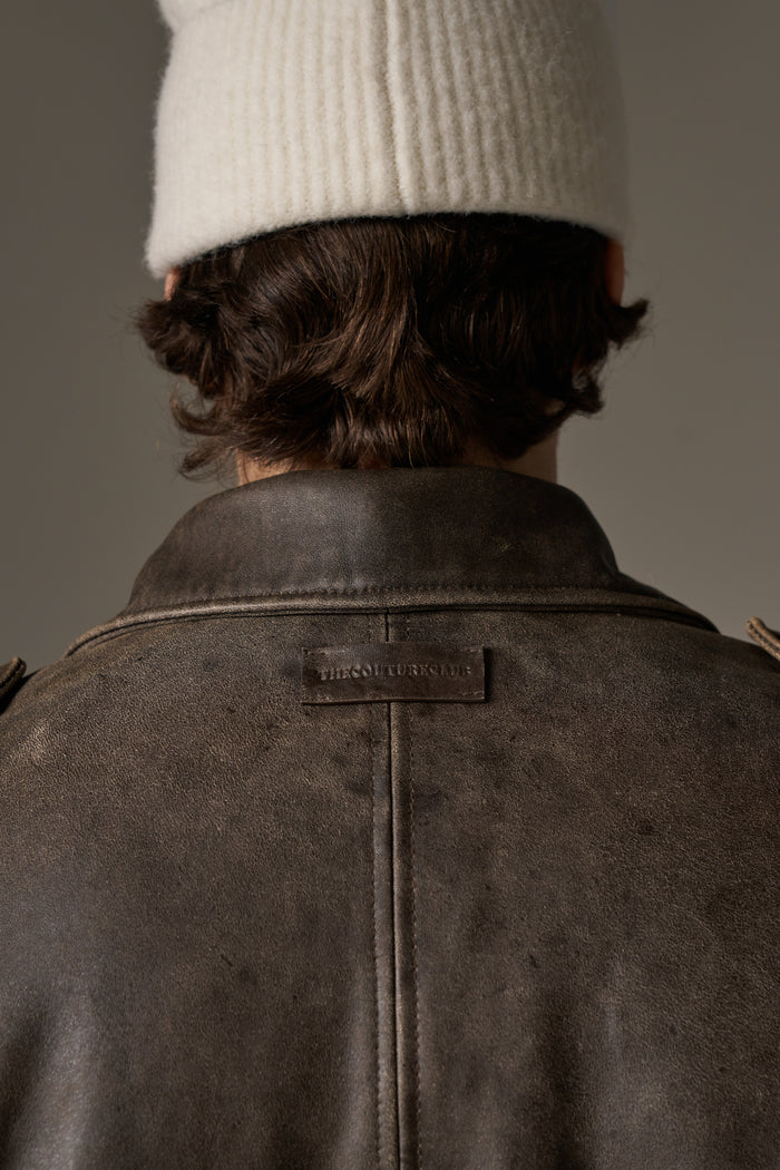 DISTRESSED LEATHER BOMBER JACKET - BROWN