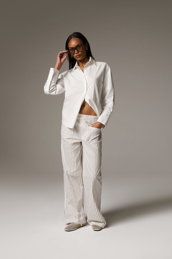 DOUBLE WAISTBAND STRIPE TROUSERS - BEIGE
